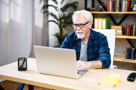 Mature gray-haired man using laptop computer sitting at home officeの写真素材