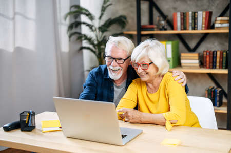 A happy senior couple is using the laptop computer indoor while sitting at the desk in the home officeの写真素材