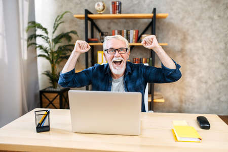 Excited older man with mustache and beard is using a laptop computer at home office, a gray-haired man is shows winner gesture and laughsの写真素材