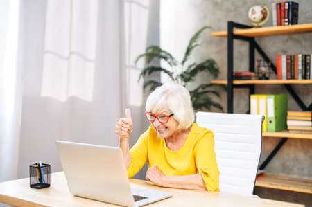 Mature woman is using a laptop computer for online video call at home office. A cheerful gray-haired lady is giving thumb up at webcamの写真素材