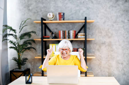 Cheerful older woman in smart casual wear and eyeglasses is looking at laptop screen and holding hands up in winner sign. A senior business lady satisfied looks at the screen with a triumphの写真素材