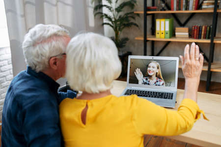 Grandparents have online meeting with a granddaughter. A grandfather and a grandmother are using laptop for video call. Back viewの写真素材