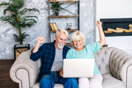 Senior couple is using laptop for watching sports match or online lottery together sitting on comfortable sofa in cozy living room. Cheerful older spouses holding hands up in victory gesture, triumphの写真素材