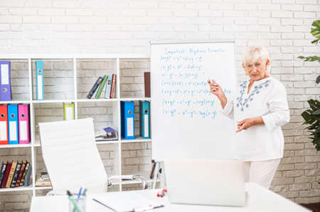 Online female teacher conducts webinars, classes or school lessons. A senior woman stands near flip chart and explains something to online audience on laptop screenの写真素材