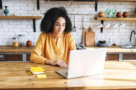 Beautiful multi-ethnic woman using laptop for work at home office . A girl with an afro hairstyle is typing on keyboard answering email. Remote work conceptの写真素材