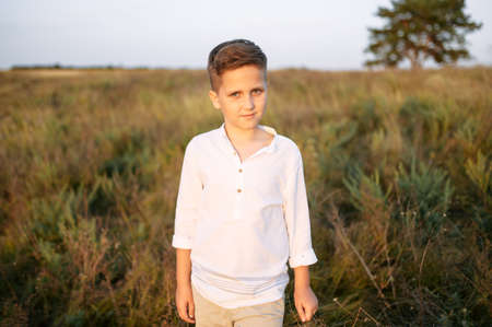 Childhood in countryside. Cute school-age boy in white casual shirt walking on a summer meadowの写真素材