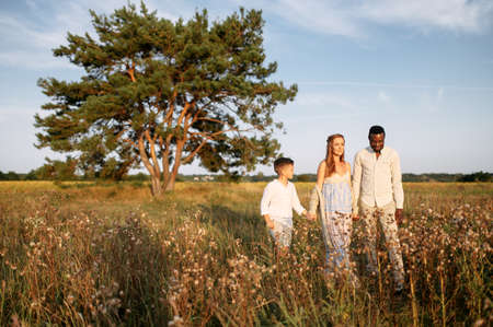Multiracial family spends time together outdoors. A pregnant wife, a husband and older child walking in the meadowの写真素材