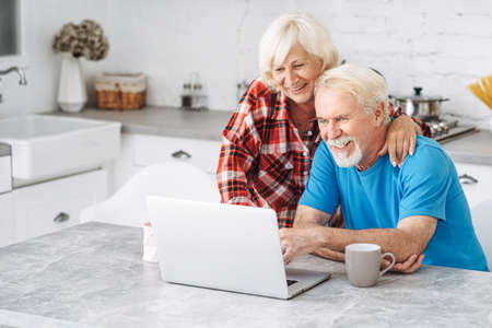 Cheerful elderly spouses spend time together using laptop. Senior couple are shopping online, watching news or websurfingの写真素材