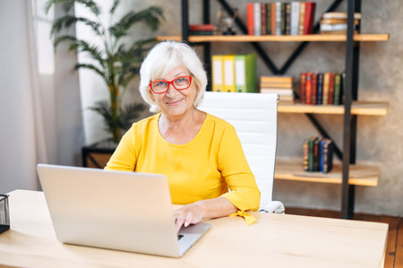Pleasant senior woman using laptop for working at contemporary office. Stylish elderly business woman in smart casual wear and eyeglasses looks at cameraの写真素材