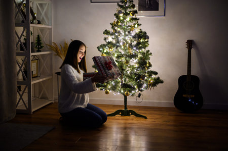 A young woman with a gift box near Christmas treeの写真素材