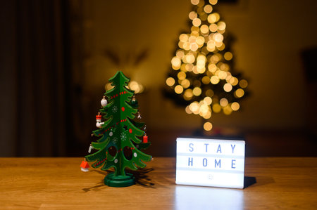 Stay at home box and Christmas tree on the tableの写真素材