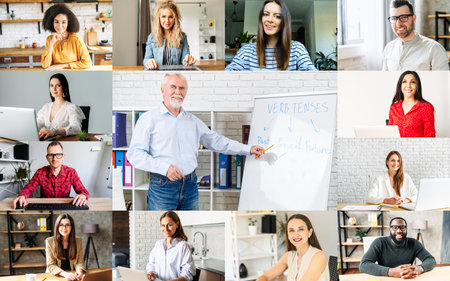Headshots of diverse people talking onlineの写真素材