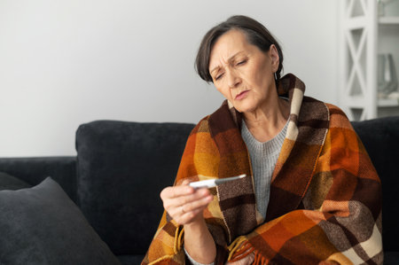 An older lady measures body temperature with a thermometer. Sick senior woman has fever, cold and flu symptoms, sits on the couch covered with a blanket at home. Viral disease concept.の写真素材