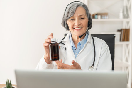 A senior old female doctor or a pharmacist with a headset in a lab coat sitting in front of a laptop, showing a bottle of prescribed medicine from cough to her patient, consulting online from homeの写真素材