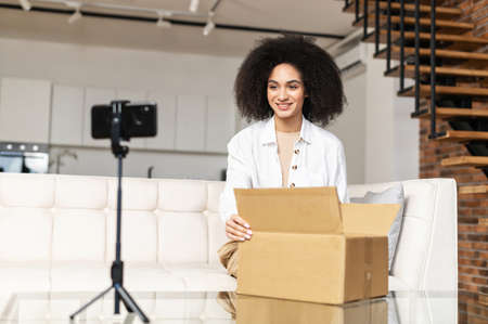 Satisfied smiling young African American blogger woman sitting on sofa opening parcel carton box,...