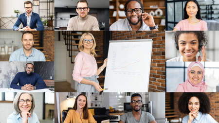 E-studying concept. Video webinar screen with a many diverse people involved in it, a confident middle aged female teacher with a whiteboard holding online course, explaining smth to online audienceの写真素材