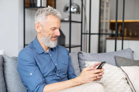 Handsome mature man sending messages on the smartphone, sitting on the comfortable couch with a cell...