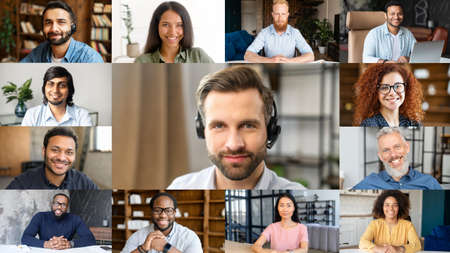 Morning meeting online. Shared screen with multiracial colleagues, crowded desktop, video call, webinar, virtual conference. Diverse people brainstorming on the distance via app for video connectionの写真素材