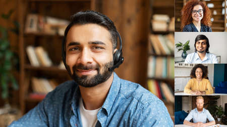 Headshot portrait screen view of smiling young Indian man wearing headshot talk on video call with...