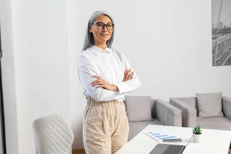 Portrait of a senior mature gray-haired female professional, leader, coach, elder businesswoman in...