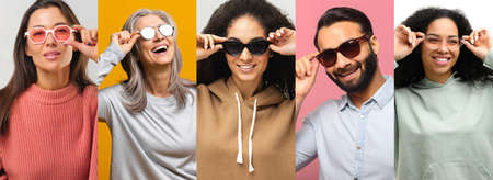 Row collage of photos with diverse people wearing different sunglasses, advertising stylish...