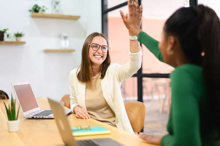 Two young happy diverse female colleague sitting at desk and taking high five while working together...