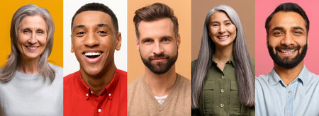 Collage banner with photos of smiling people in smart casual wear, several cheerful diverse persons, office employees look at the camera and laughing isolatedの写真素材