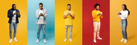 Focused and engaged, a group of individuals use their smartphones, demonstrating the centrality of mobile devices in accessing information, communicating, and navigating the digital world, full lengthの写真素材