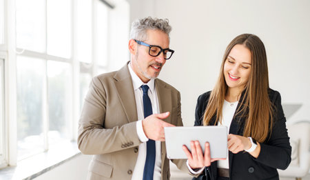 A male entrepreneur with grey hair and a welcoming smile holds a tablet, while a young female professional looks on with interest in a bright office. Collaborative interaction in a modern businessの写真素材