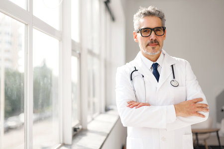 The senior doctor with stylish glasses and a grey beard stands in his clinic with an open stance, exuding confidence and a welcoming attitude, ready to assist patients.の写真素材