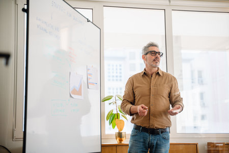 Confident business leader stands at a whiteboard explaining a strategic business plan to an attentive audience. The professional setting and engaged listeners reflect corporate leadership and teamworkの写真素材