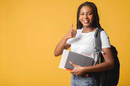 A happy African American student with a backpack and books gives a thumbs-up, standing against a bright yellow background. A perfect image for education, learning, and success concepts.の写真素材
