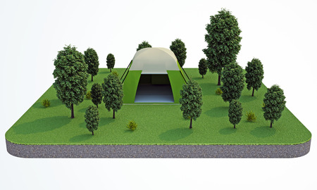 3d rendering. tent in the forest. top viewの写真素材