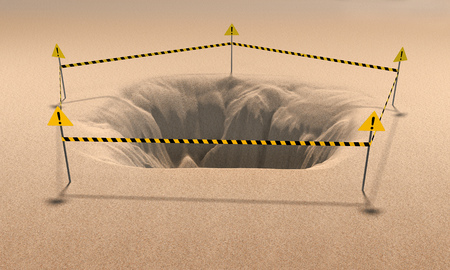 hole in sand With warning tape. 3d renderingの写真素材