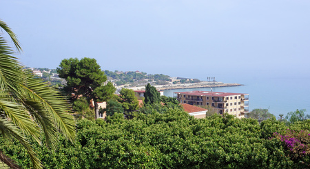 Coast of a resort town in the trees view from aboveの写真素材