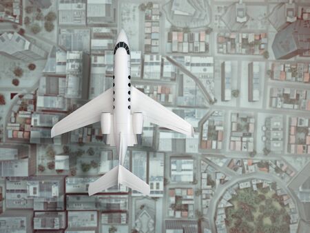 private airplane fly above city. top view. 3d renderingの写真素材