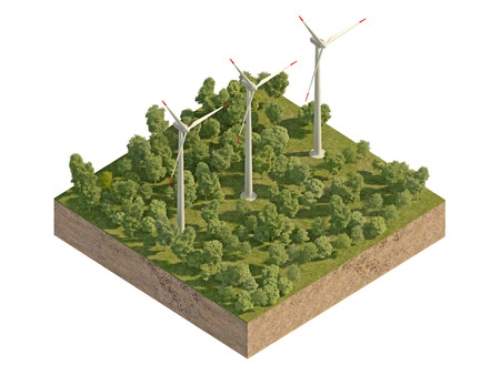 Large windmills in the forest on a piece of land. 3d rendering