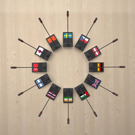 Microphones with flags of different countries around. 3d rendering