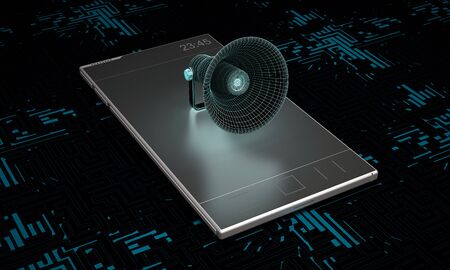 smartphone with megaphone on dark background. 3d rendering