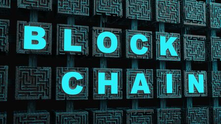 text blockchain on cell cube. 3d rendering