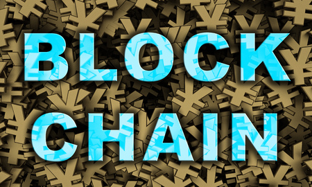 text blockchain in many gold yen symbol background. 3d renderingの写真素材