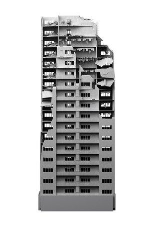 destroyed multi-storey building isolated on white. 3d rendering