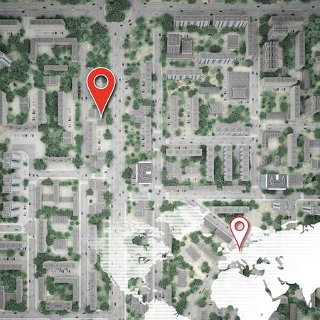 city top view with pin mark. 3d rendering