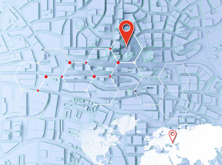 low poly city top view with pin mark. 3d rendering