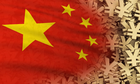 flag china with many gold yen symbol background. 3d renderingの写真素材