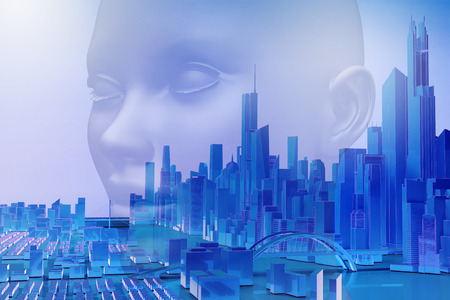 double exposure of the head and cityscape. 3d renderingの写真素材
