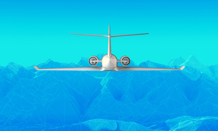 airplane flies over the abstract mountains