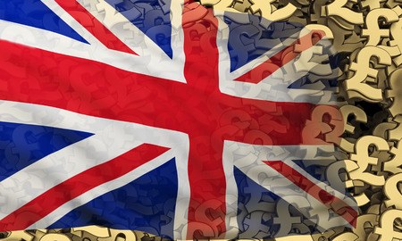 flag of britain with many gold pound symbol background. 3d renderingの写真素材