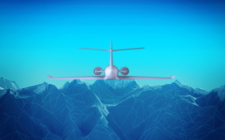 airplane flies over the abstract mountains