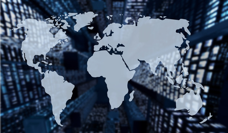 double exposure of the world map and blurry night skyscrapers. 3d renderingの写真素材